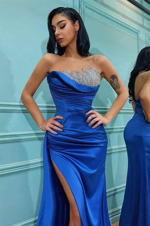 Strapless Sleeveless Split Royal Blue Mermaid Prom Dress With Beading