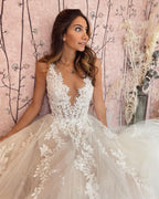 A-Line Deep V-neck Backless Wedding Dress With Appliques Lace Tulle BM bride