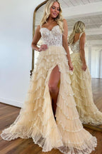 Charming A-Line Sweetheart Champagne Tulle Prom Dress with Appliques BM bride