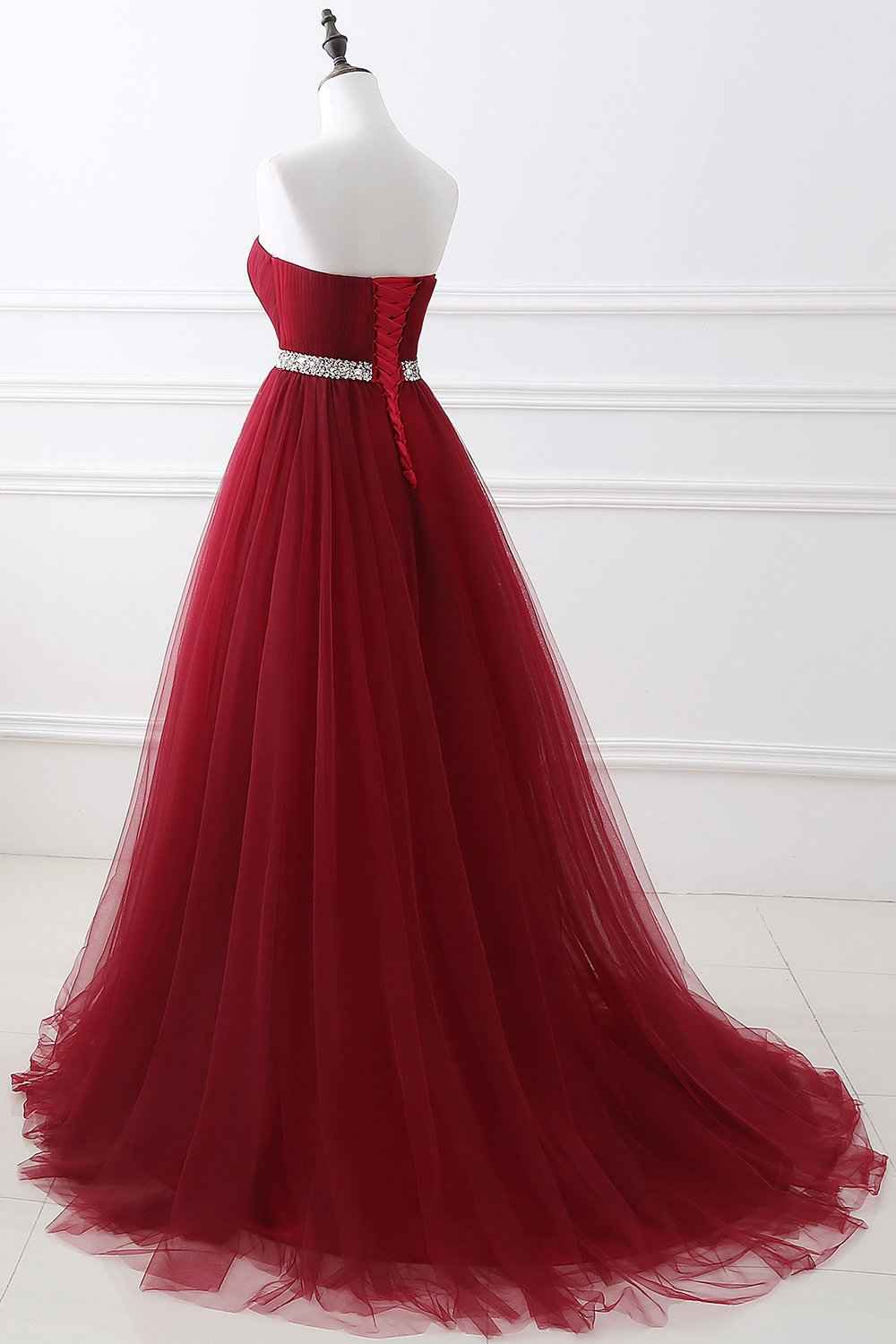 Burgundy Sweetheart Sleeveless Beadings Elegant Prom Dress Long With Belt