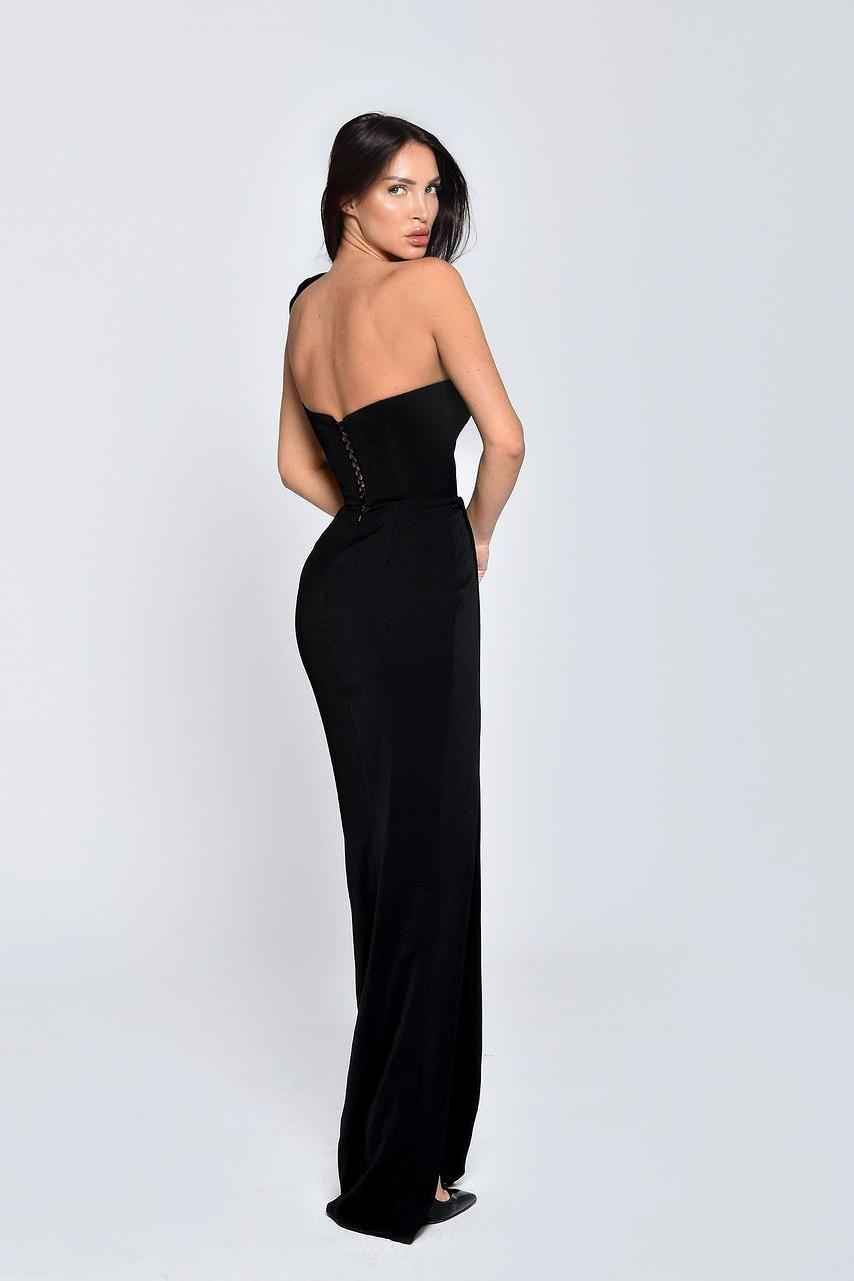 Black One Shoulder Sleeveless Bowknot Prom Dress With Front Split