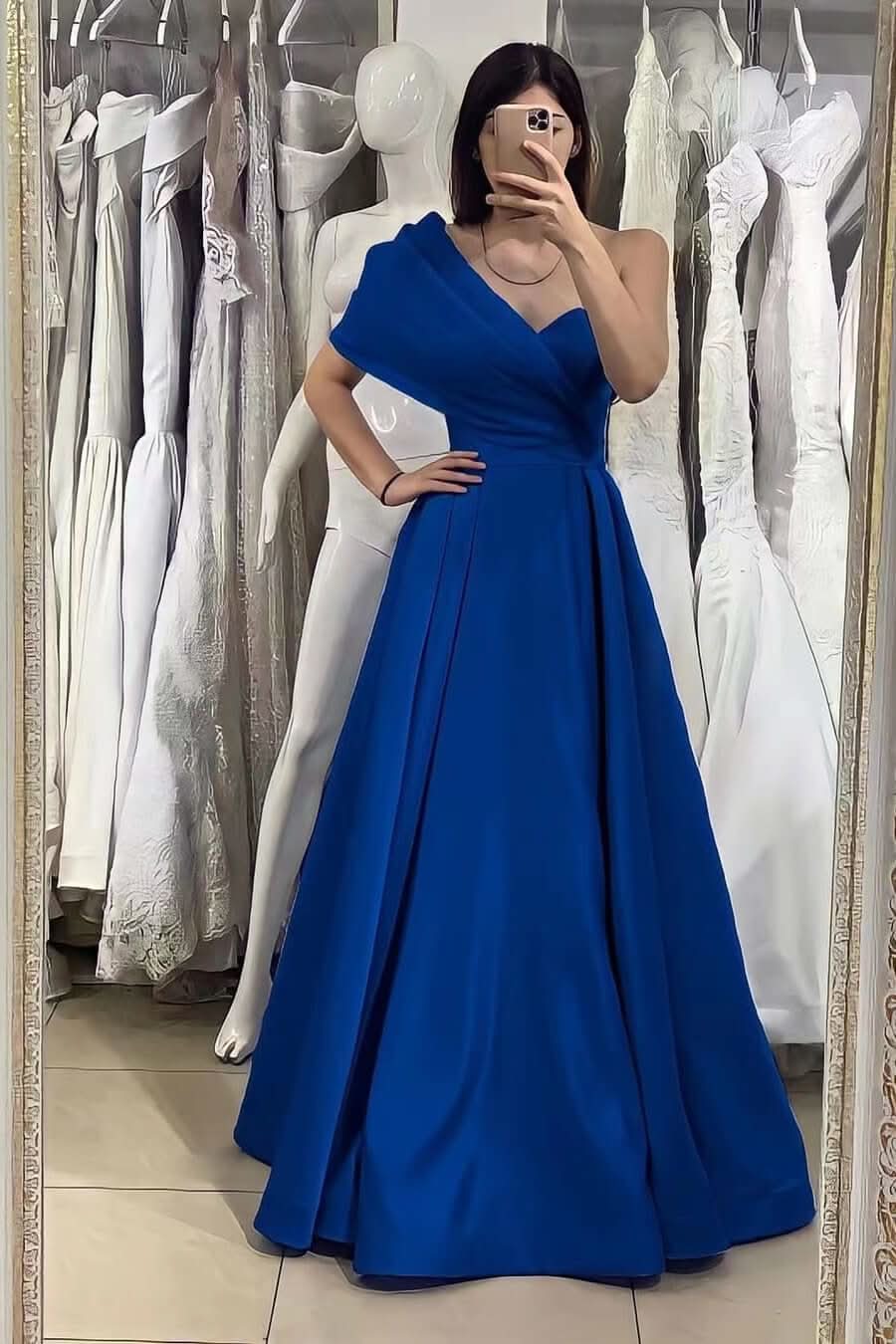 Elegant Royal Blue One Shoulder Sweetheart Off-the-Shoulder Evening Dress BM bride