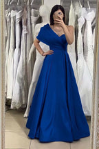 Elegant Royal Blue One-Shoulder Sweetheart Evening Dress with Off-the-Shoulder Detail Online BM bride