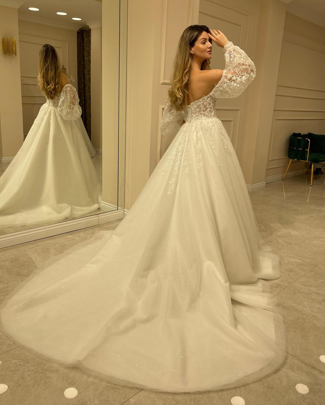 Sweetheart Long Sleeve Backless A-Line Train Wedding Dress with Lace Appliques BM bride