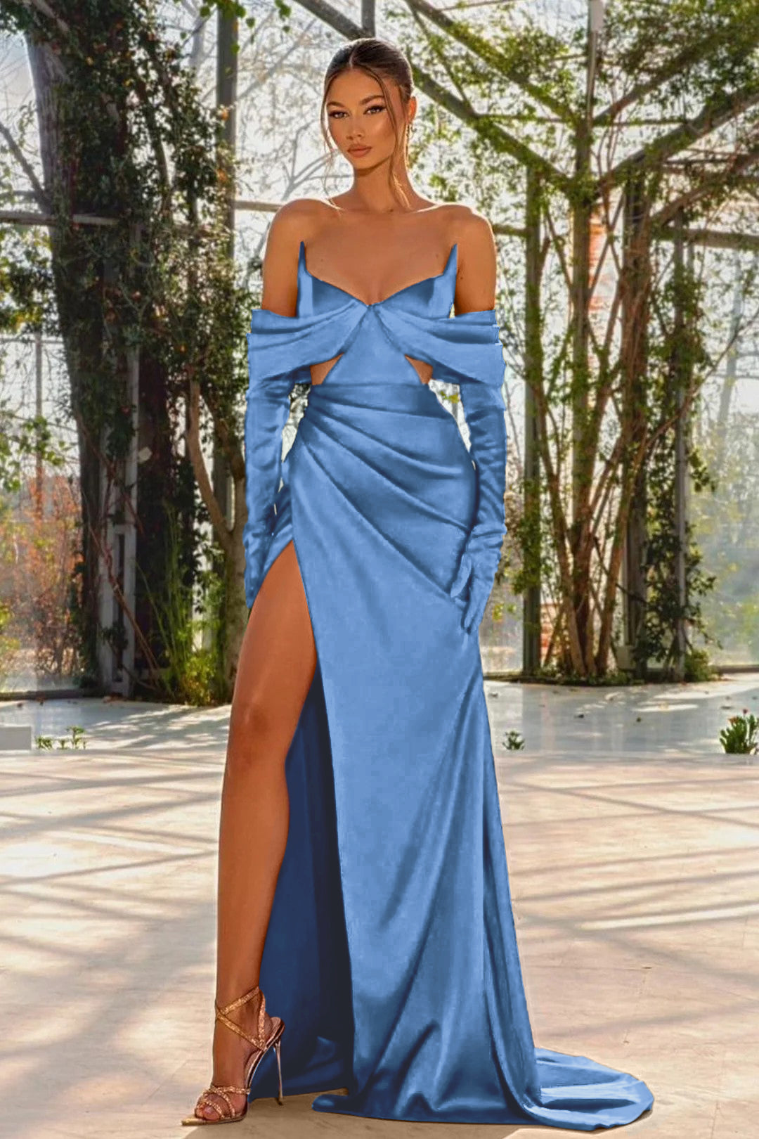 Off the Shoulder Prom Dress Red Half Sleeves With Slit Pleated Gloves BMBRIDE