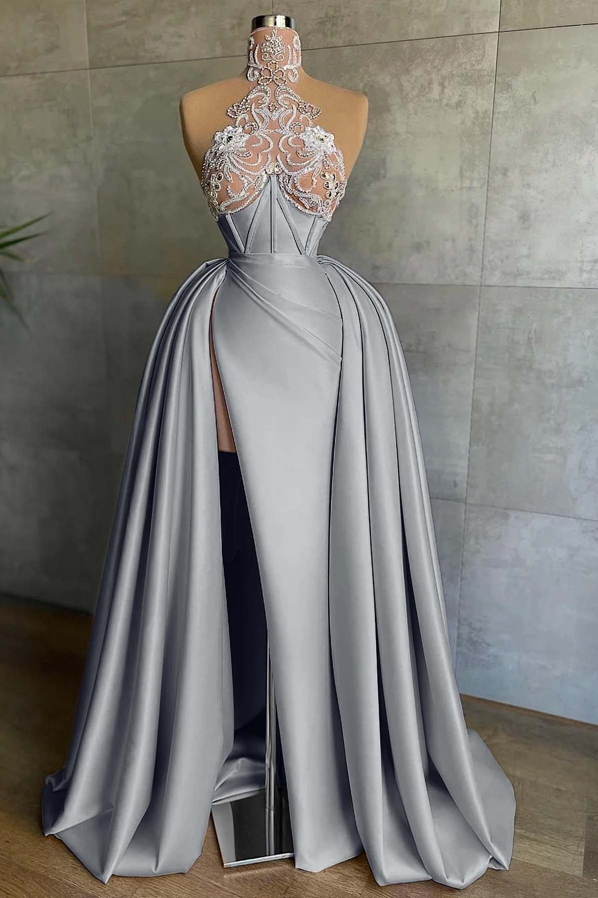 Halter Sleeveless Mermaid Split Long Prom Dress With Appliques