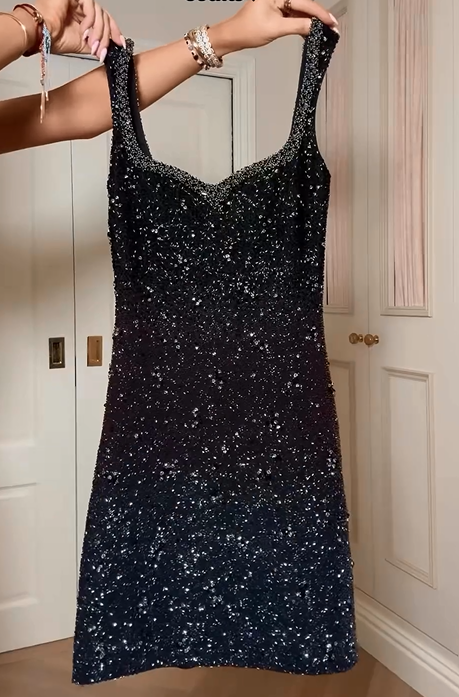 Black Sequins Prom Dress Spaghetti Strap Short Sleeveless Christmas Party
