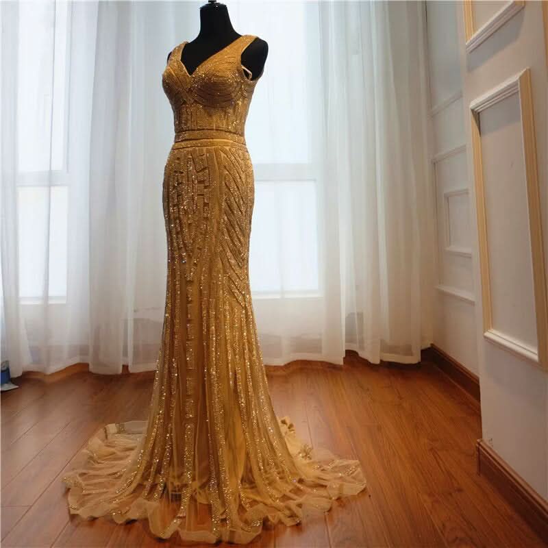 Gold Sequin Mermaid Prom Dress, V-Neck, Long Sleeveless BM bride