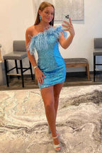 Blue Tight Sequins Homecoming Dress with Feathers Bmbride