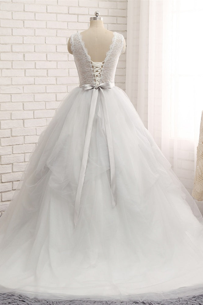 Princess Jewel Neck Long Wedding Dress with Tulle Lace BM bride