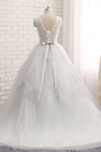 Princess Jewel Neck Long Wedding Dress with Tulle Lace BM bride