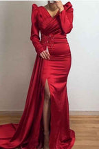 Ruffles Mermaid Beadings Long Sleeves Pleated Prom Dress With Front Split