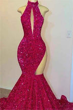 Charming Sleeveless Fuchsia High Neck Mermaid Long Prom Dress With Sequins