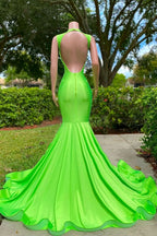 Sexy Green Sleeveless Cut Out Long Appliques Mermaid Prom Dress BM bride
