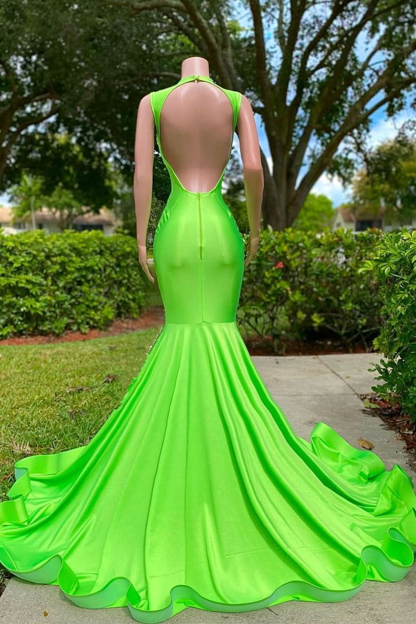 Sexy Green Sleeveless Cut Out Long Appliques Mermaid Prom Dress BM bride