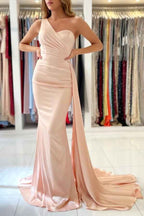Glamorous One Shoulder Sleeveless Mermaid Prom Dress Long With Pleated