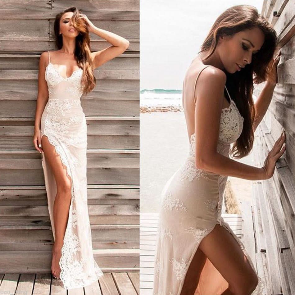 Lace Spaghetti-Strap Prom Dress with Women Evening Dress and Slit BM bride