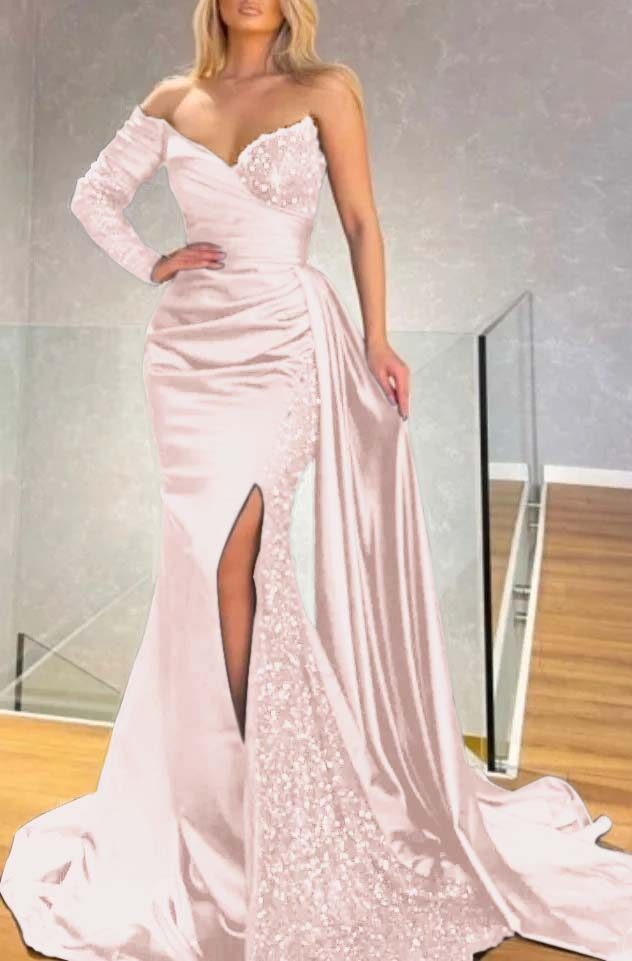 Long Sleeve Strapless Long Split Prom Dress With Pleated Sequins BMBRIDE