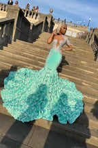 Mint Green Long Sleeve Prom Dress Gown Tulle Flower Long Appliques