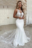 Sleeveless Long Mermaid Wedding Dress with Lace Appliques BM bride