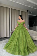 Green Off-The-Shoulder Ball Gown Evening Dress with Sequins BM bride