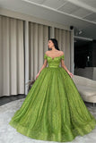 Green Off-The-Shoulder Ball Gown Evening Dress with Sequins BM bride