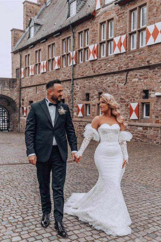 Bubble Sleeve Sweetheart Mermaid Wedding Dress with Lace BM bride