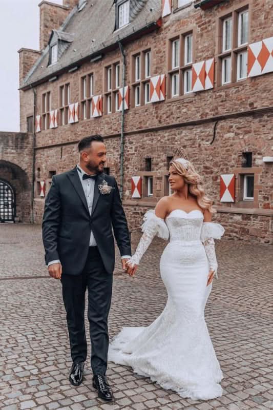 Bubble Sleeve Sweetheart Mermaid Wedding Dress with Lace BM bride
