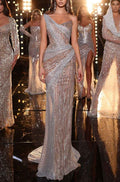 Sleeveless Prom Dress One Shoulder Sequins With Beading Long