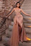Dusty Pink One Shoulder Ruffle Beadings Mermaid Prom Dress with Split and Tulle BM bride