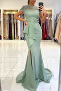 Jewel Neck Short Sleeves Ruffles Long Lace Mermaid Prom Dress With Split