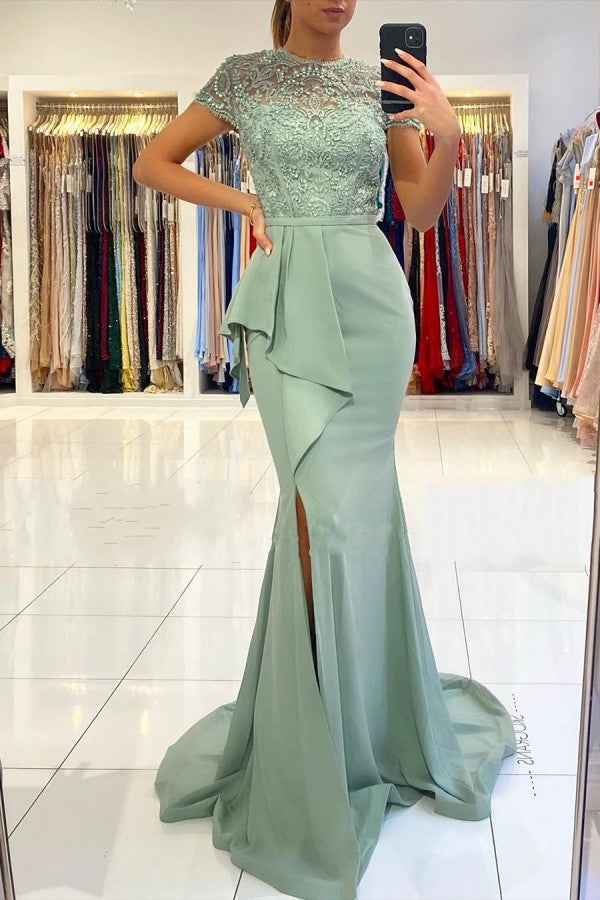Jewel Neck Short Sleeves Ruffles Long Lace Mermaid Prom Dress With Split