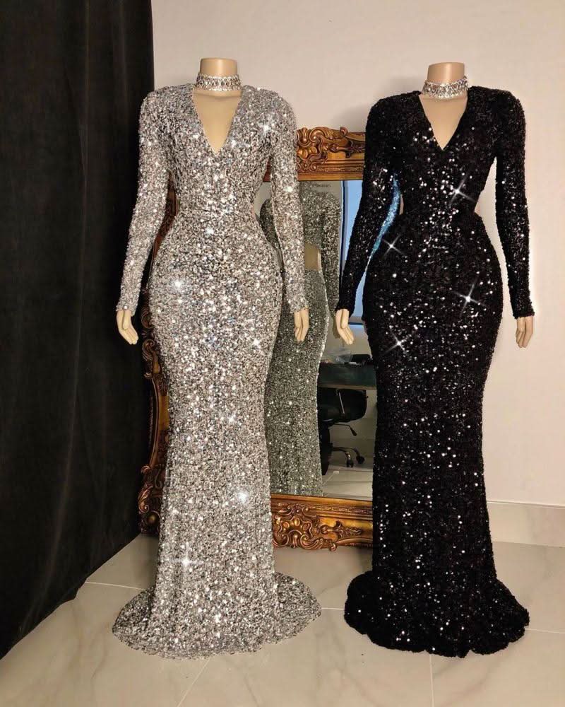 Long Sleeve Sequin Mermaid Evening Dress BM bride