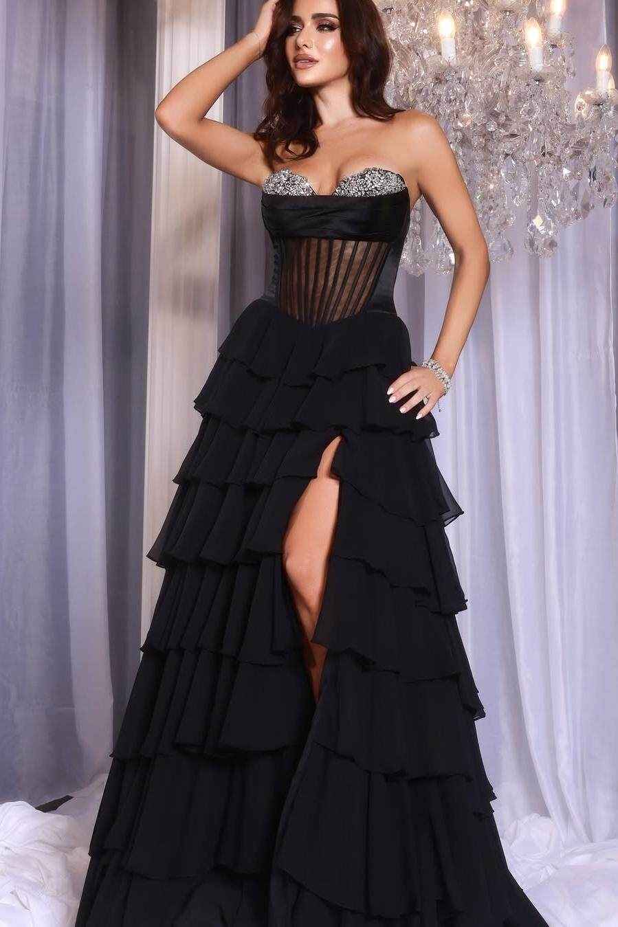 Strapless Sleeveless A Line Split Long Prom Dress With Ruffles