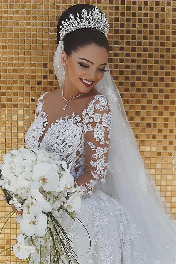 White Lace Long Sleeve Mermaid Wedding Dress BM bride