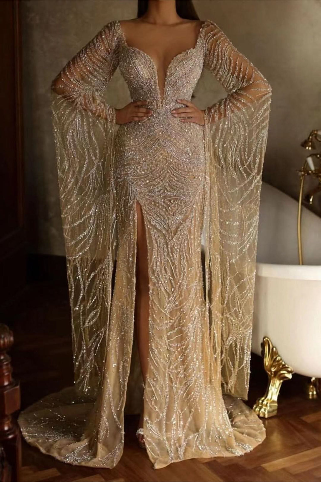 Sexy Tulle Slit Mermaid Evening Dress with Long Sleeves and Beading Sequins BM bride