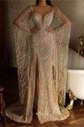 Sexy Tulle Slit Mermaid Evening Dress with Long Sleeves and Beading Sequins BM bride