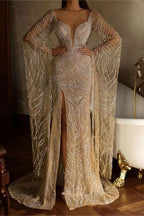 Sexy Tulle Slit Mermaid Evening Dress with Long Sleeves and Beading Sequins BM bride