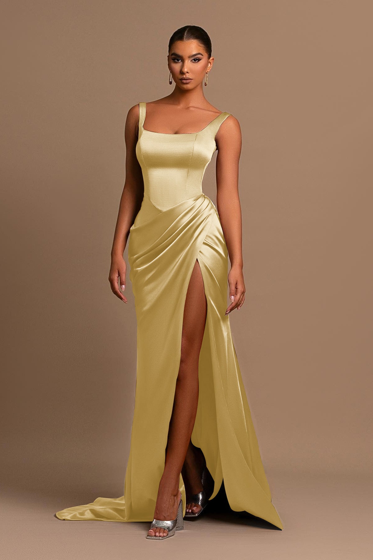 Dusty Rose Spaghetti Strap Square Neck Sleeveless Mermaid Prom Dress With Split BMBRIDE
