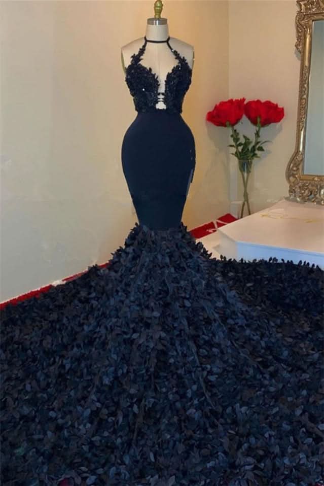 Dark Navy Halter V-Neck Mermaid Prom Dress with Appliques BM bride