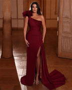 Lavender One Shoulder Beadings Split Mermaid Prom Dress Ruffles BM bride