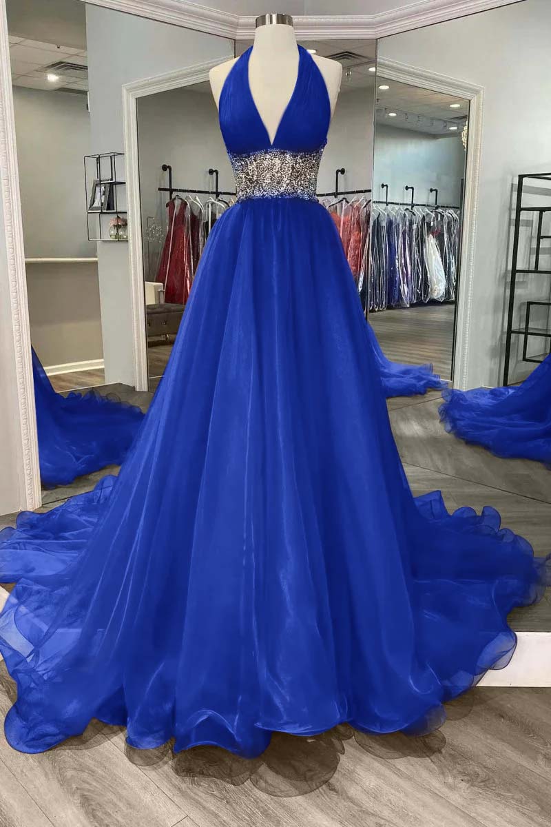 Halter Deep V Neck Sleeveless Long Prom Dress With Beading Ruffle