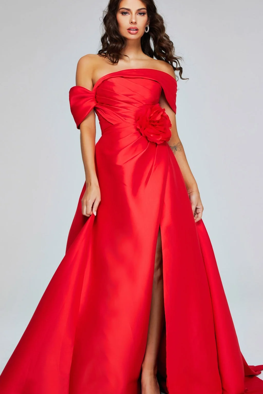 Off the Shoulder Sleeveless Long Split Prom Dress With Pleated BMBRIDE