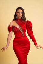 Charmeuse Red One Sleeve High Neck Mermaid Prom Dress BM bride