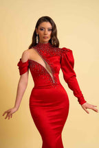 Charmeuse Prom Dress One Sleeve Red High Neck Mermaid With Beading