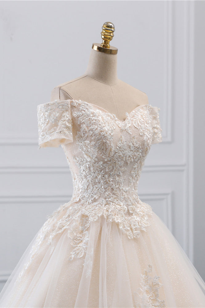 Princess Off-the-Shoulder Tulle Wedding Dress with Lace Appliques BM bride