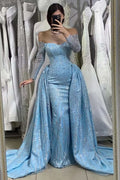 Blue Sequins Long Sleeves Off-The-Shoulder Sweetheart Evening Dress with Long Ruffles BM bride