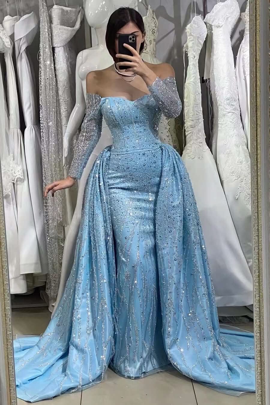 Blue Sequin Long Sleeve Off-The-Shoulder Sweetheart Evening Dress with Long Ruffles and Beads BM bride