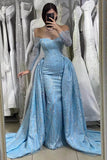 Blue Sequins Long Sleeves Off-The-Shoulder Sweetheart Evening Dress with Long Ruffles BM bride