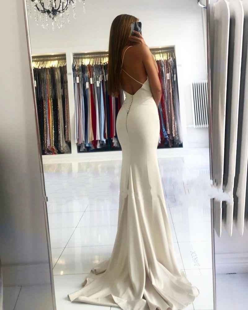 Spaghetti Strap Backless Sleeveless V Neck Long Pleated Mermaid Prom Dress